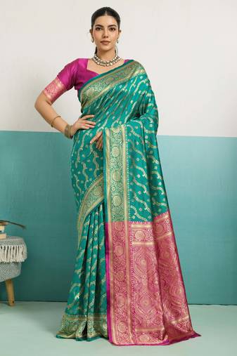 Turquoise banarasi art silk blend zari woven saree with unstitched blouse piece