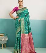 Turquoise banarasi art silk blend zari woven saree with unstitched blouse piece