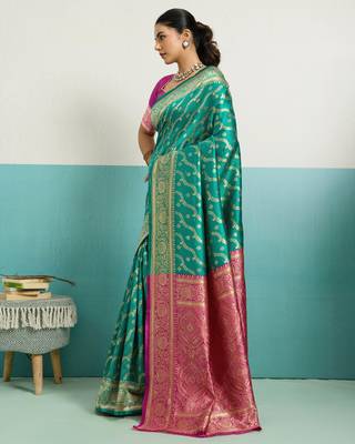Turquoise banarasi art silk blend zari woven saree with unstitched blouse piece 2