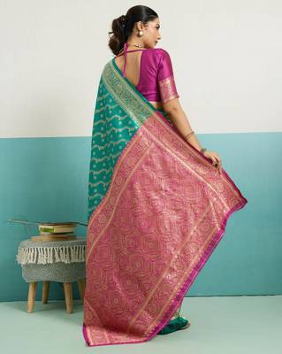 Turquoise banarasi art silk blend zari woven saree with unstitched blouse piece 3