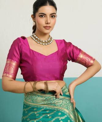 Turquoise banarasi art silk blend zari woven saree with unstitched blouse piece 4