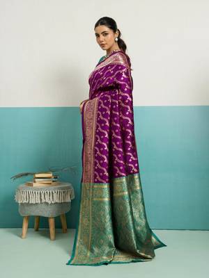 Wine banarasi silk blend zari woven saree with unstitched blouse piece 2