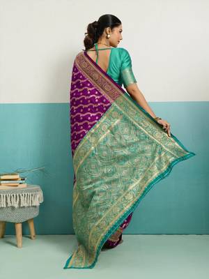 Wine banarasi silk blend zari woven saree with unstitched blouse piece 3