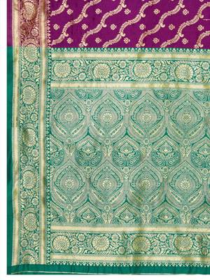 Wine banarasi silk blend zari woven saree with unstitched blouse piece 5