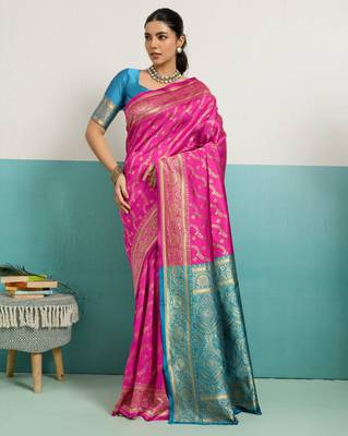 Magenta banarasi silk blend zari woven saree with unstitched blouse piece 1