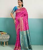 Magenta banarasi art silk blend zari woven saree with unstitched blouse piece