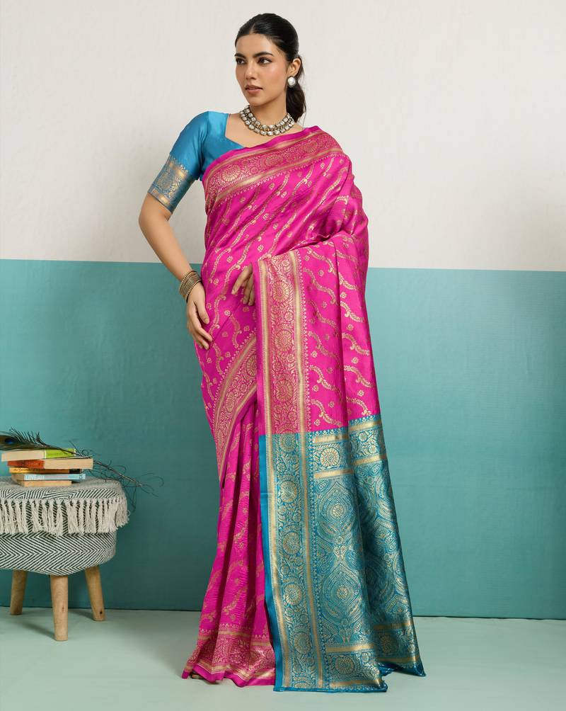 Magenta banarasi art silk blend zari woven saree with unstitched blouse piece