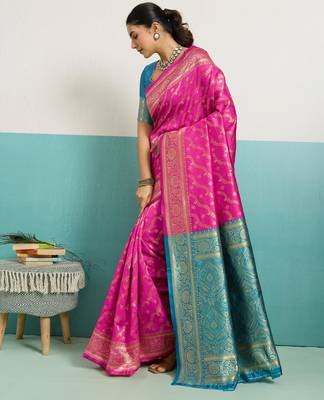 Magenta banarasi silk blend zari woven saree with unstitched blouse piece 2