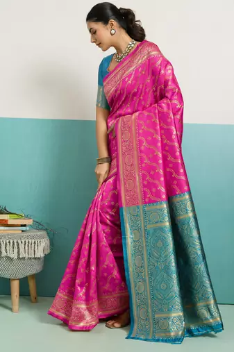 Magenta banarasi art silk blend zari woven saree with unstitched blouse piece