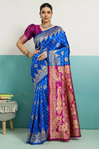 Blue banarasi art silk blend zari woven saree with unstitched blouse piece