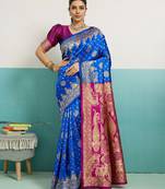 Blue banarasi art silk blend zari woven saree with unstitched blouse piece