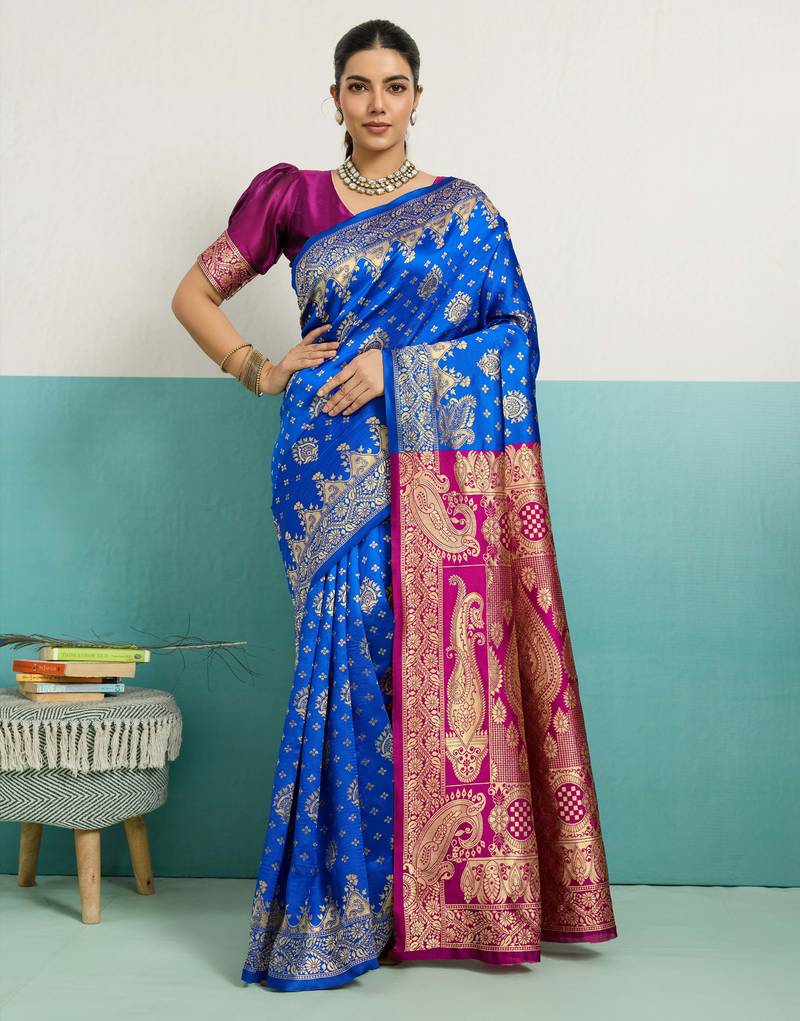 Blue banarasi art silk blend zari woven saree with unstitched blouse piece