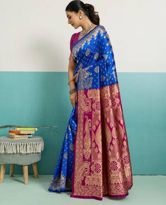 Blue banarasi silk blend zari woven saree with unstitched blouse piece 2