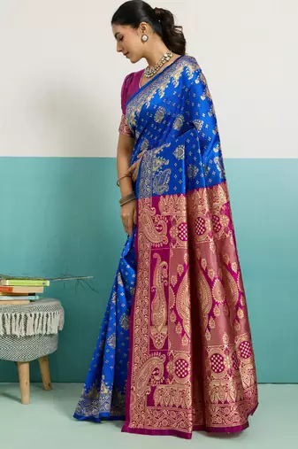 Blue banarasi art silk blend zari woven saree with unstitched blouse piece