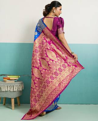 Blue banarasi silk blend zari woven saree with unstitched blouse piece 3