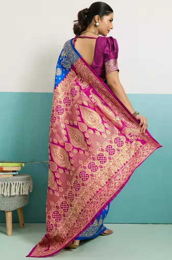 Blue banarasi art silk blend zari woven saree with unstitched blouse piece