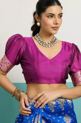 Blue banarasi art silk blend zari woven saree with unstitched blouse piece