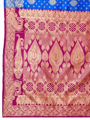 Blue banarasi silk blend zari woven saree with unstitched blouse piece 5