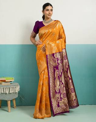 Mustard banarasi art silk blend zari woven saree with unstitched blouse piece 1