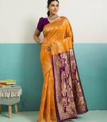 Mustard banarasi art silk blend zari woven saree with unstitched blouse piece