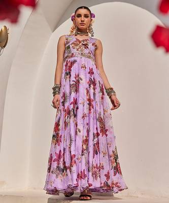 Lilac embroidered crepe chiffon gown 1