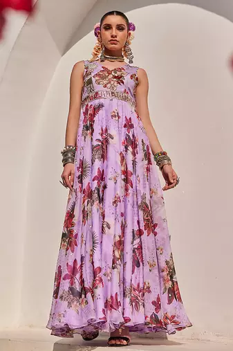 Lilac embroidered crepe chiffon gown