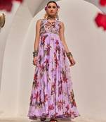 Lilac embroidered crepe chiffon gown
