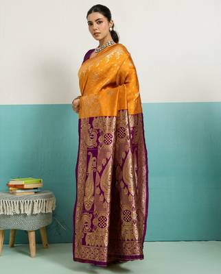 Mustard banarasi art silk blend zari woven saree with unstitched blouse piece 2