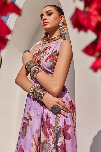 Lilac embroidered crepe chiffon gown