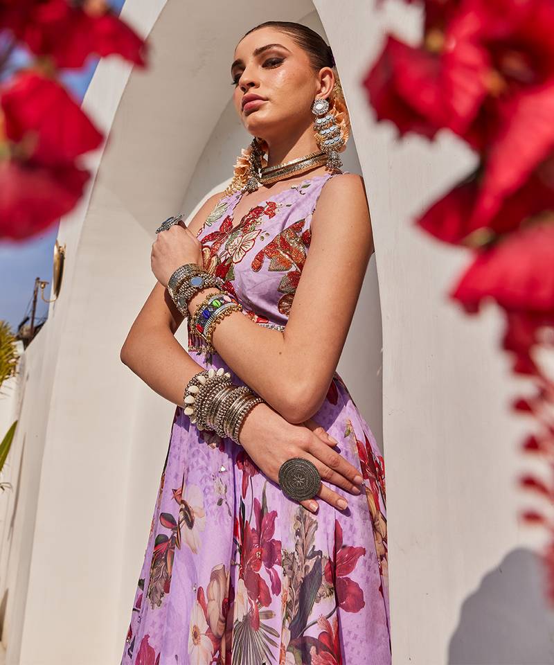 Lilac embroidered crepe chiffon gown