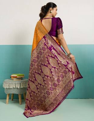 Mustard banarasi art silk blend zari woven saree with unstitched blouse piece 3