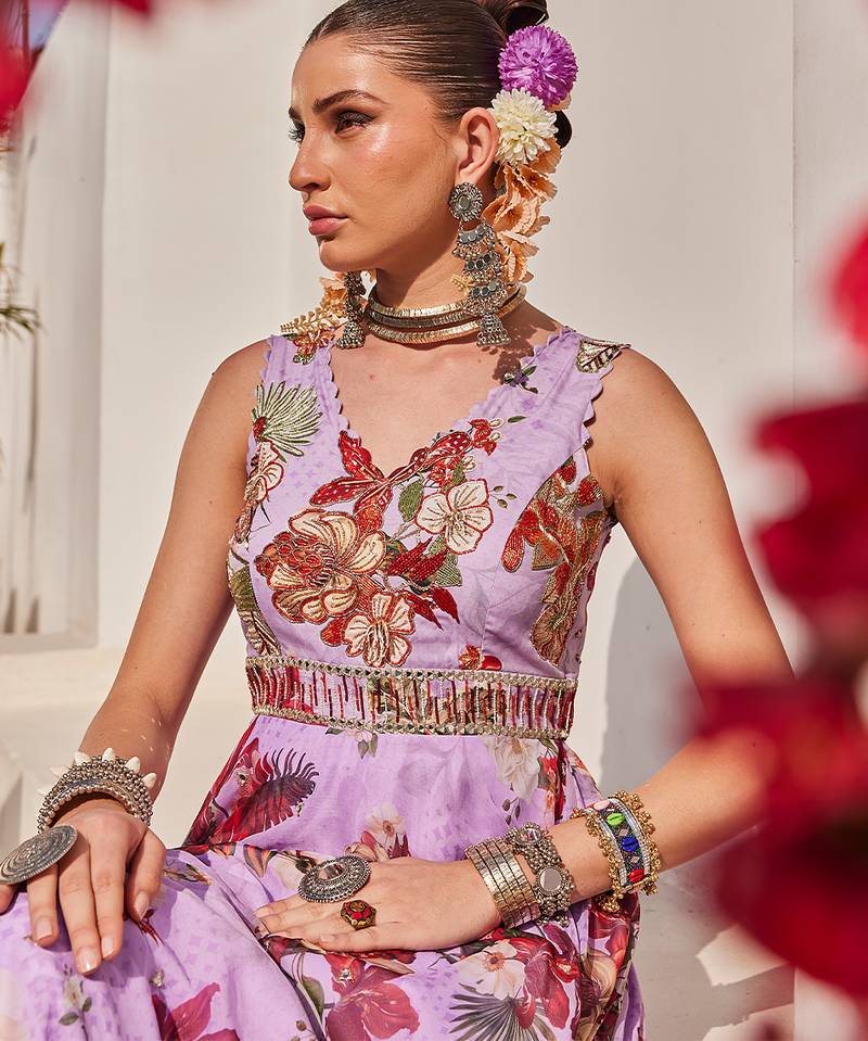 Lilac embroidered crepe chiffon gown