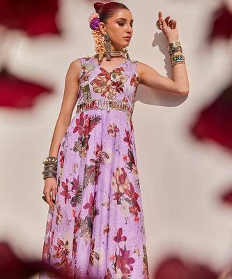 Lilac embroidered crepe chiffon gown 5