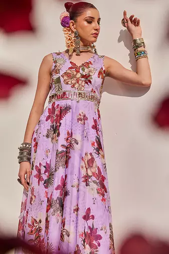 Lilac embroidered crepe chiffon gown