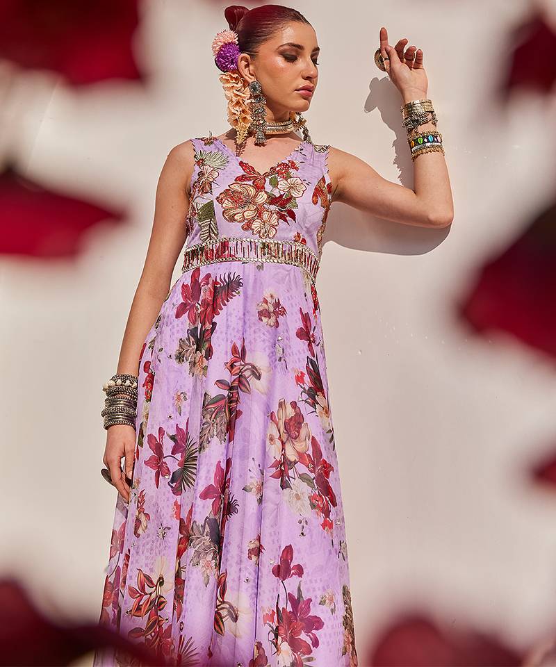 Lilac embroidered crepe chiffon gown