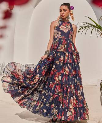 Navy blue embroidered chiffon gown 1