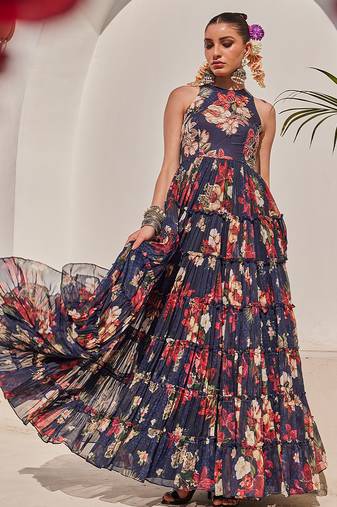 Navy blue embroidered chiffon gown