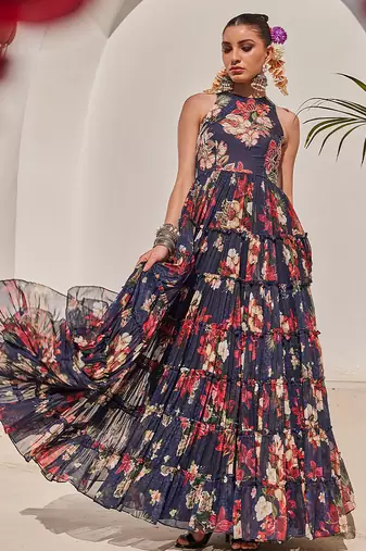 Navy blue embroidered chiffon gown