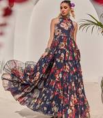 Navy blue embroidered chiffon gown