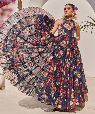 Navy blue embroidered chiffon gown 2