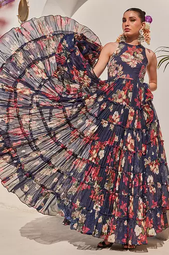 Navy blue embroidered chiffon gown