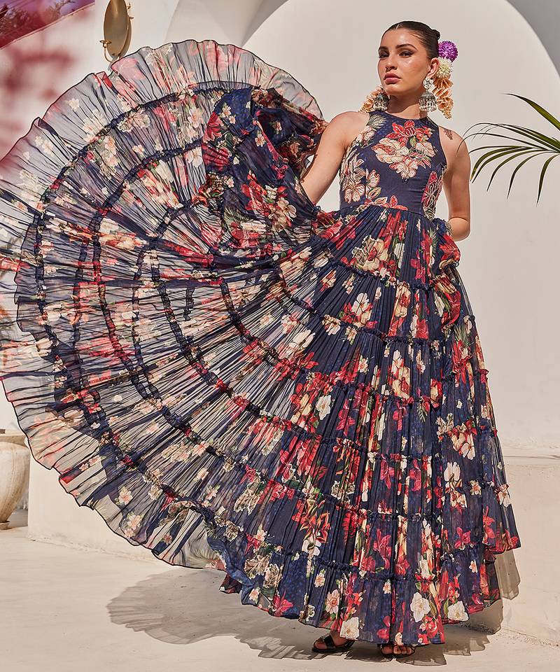 Navy blue embroidered chiffon gown