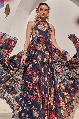 Navy blue embroidered chiffon gown