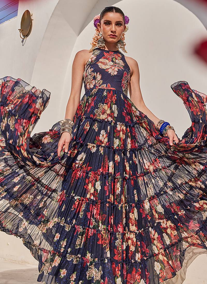 Navy blue embroidered chiffon gown