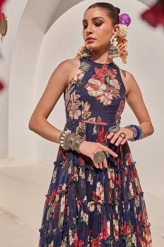Navy blue embroidered chiffon gown