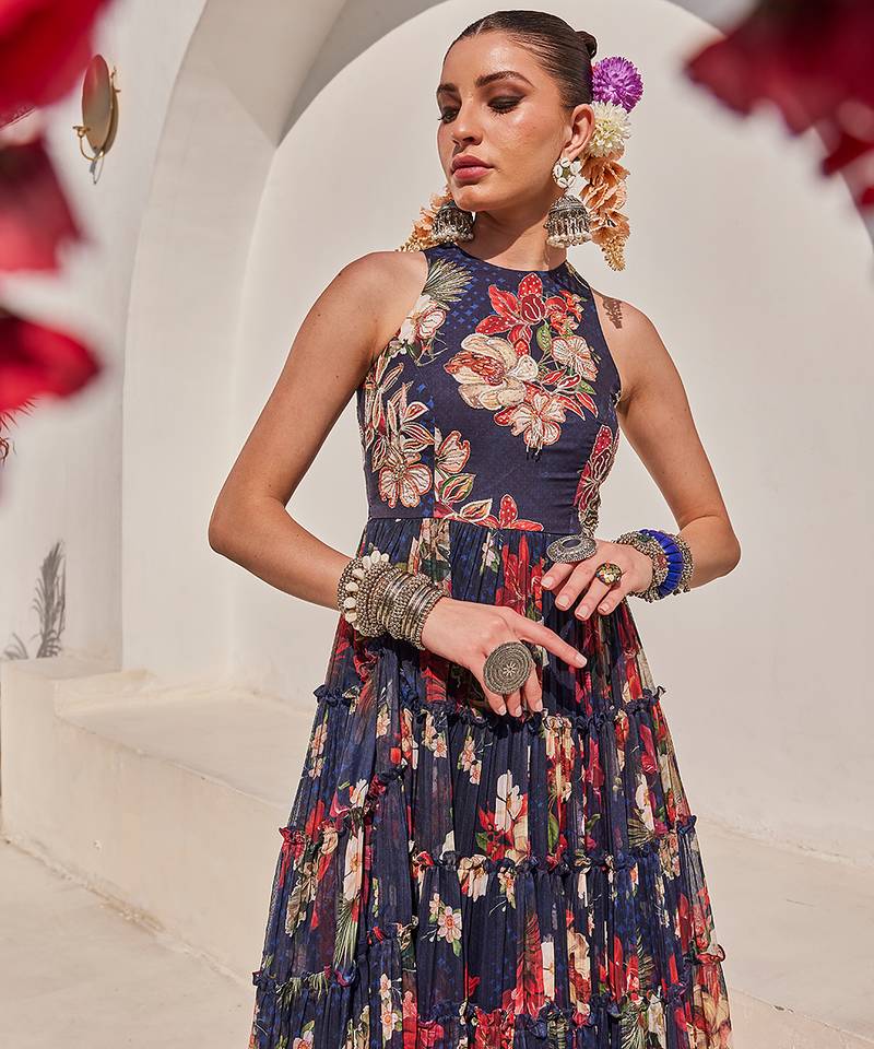 Navy blue embroidered chiffon gown