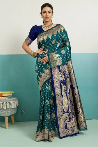 Teal banarasi art silk blend zari woven saree with unstitched blouse piece