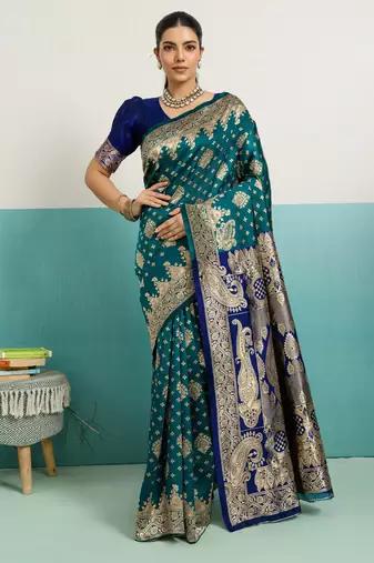 Teal banarasi art silk blend zari woven saree with unstitched blouse piece