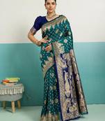 Teal banarasi art silk blend zari woven saree with unstitched blouse piece