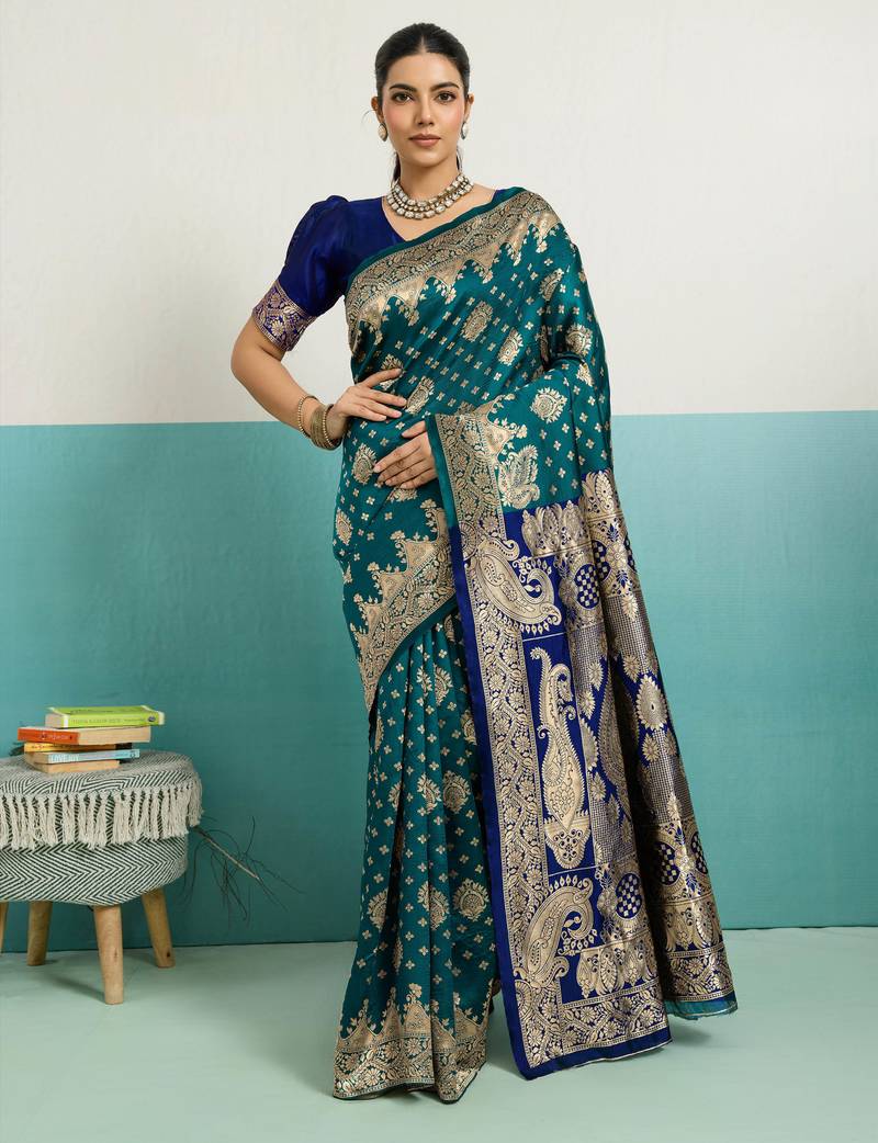 Teal banarasi art silk blend zari woven saree with unstitched blouse piece